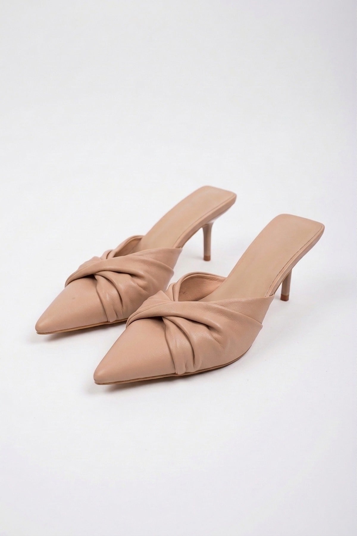 Ines Knotted Front Pointed Toe Kitten Heel Mules - Apricot