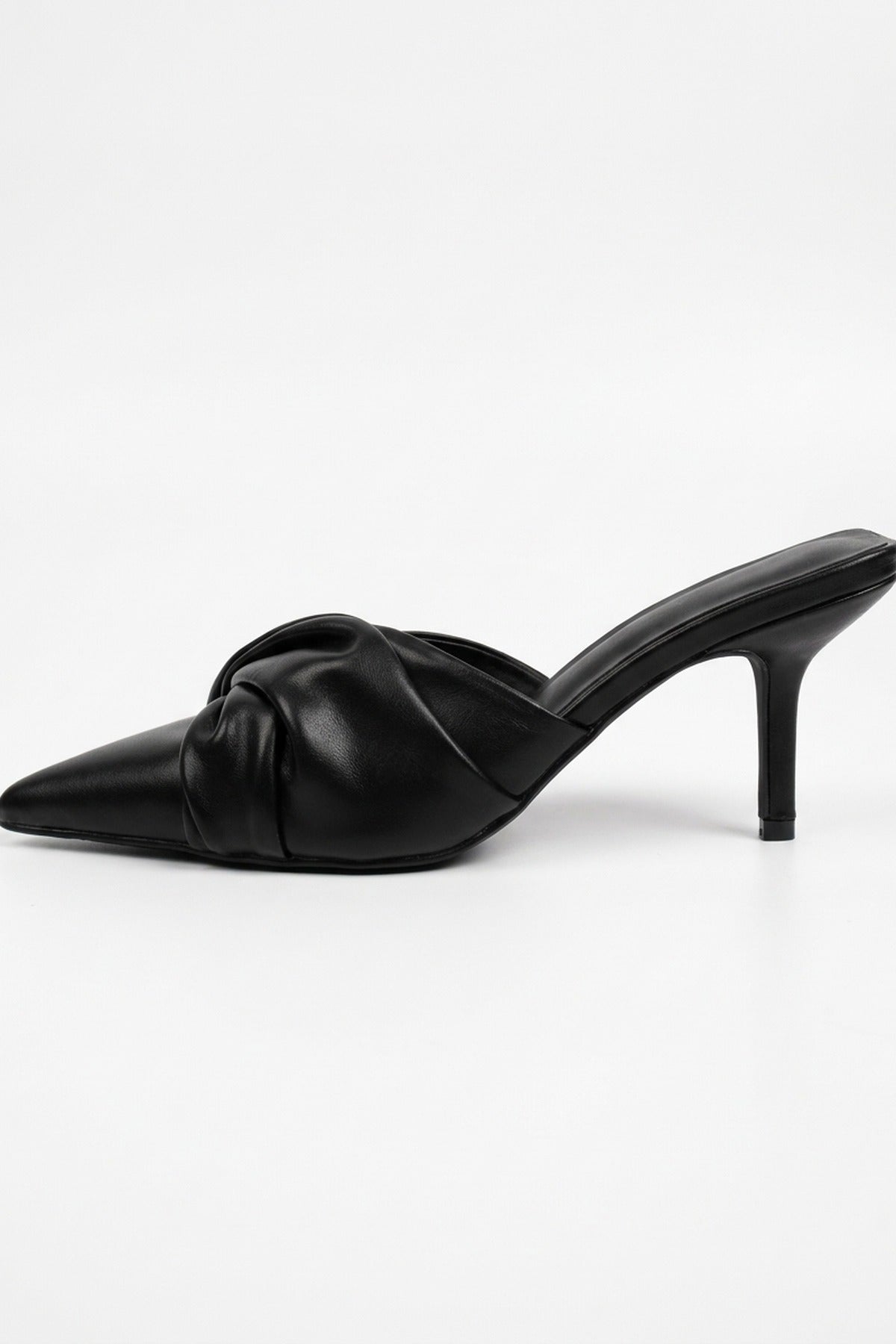 Ines Knotted Front Pointed Toe Kitten Heel Mules - Black