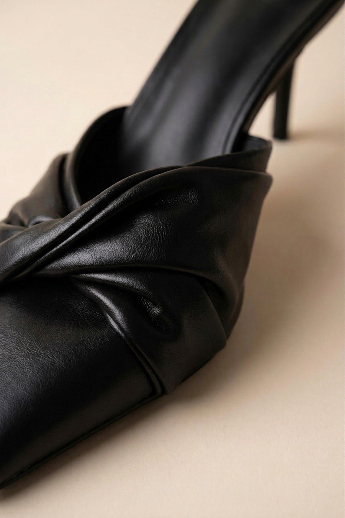 Ines Knotted Front Pointed Toe Kitten Heel Mules - Black