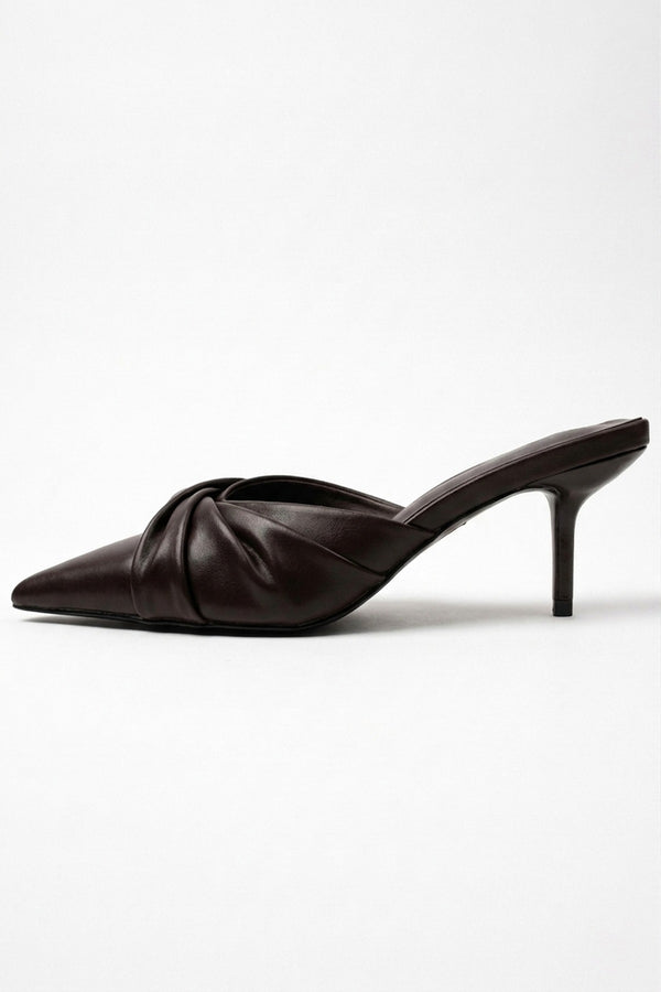Ines Knotted Front Pointed Toe Kitten Heel Mules - Brown