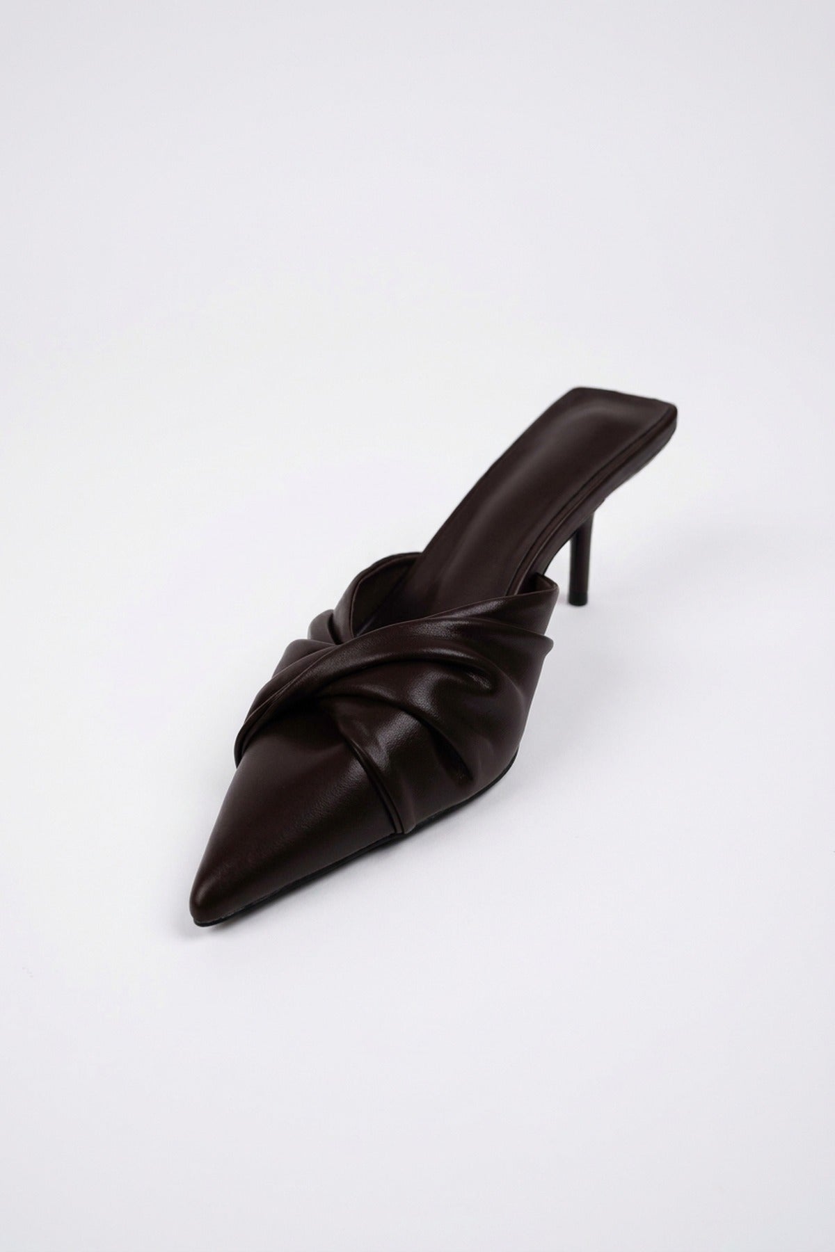 Ines Knotted Front Pointed Toe Kitten Heel Mules - Brown