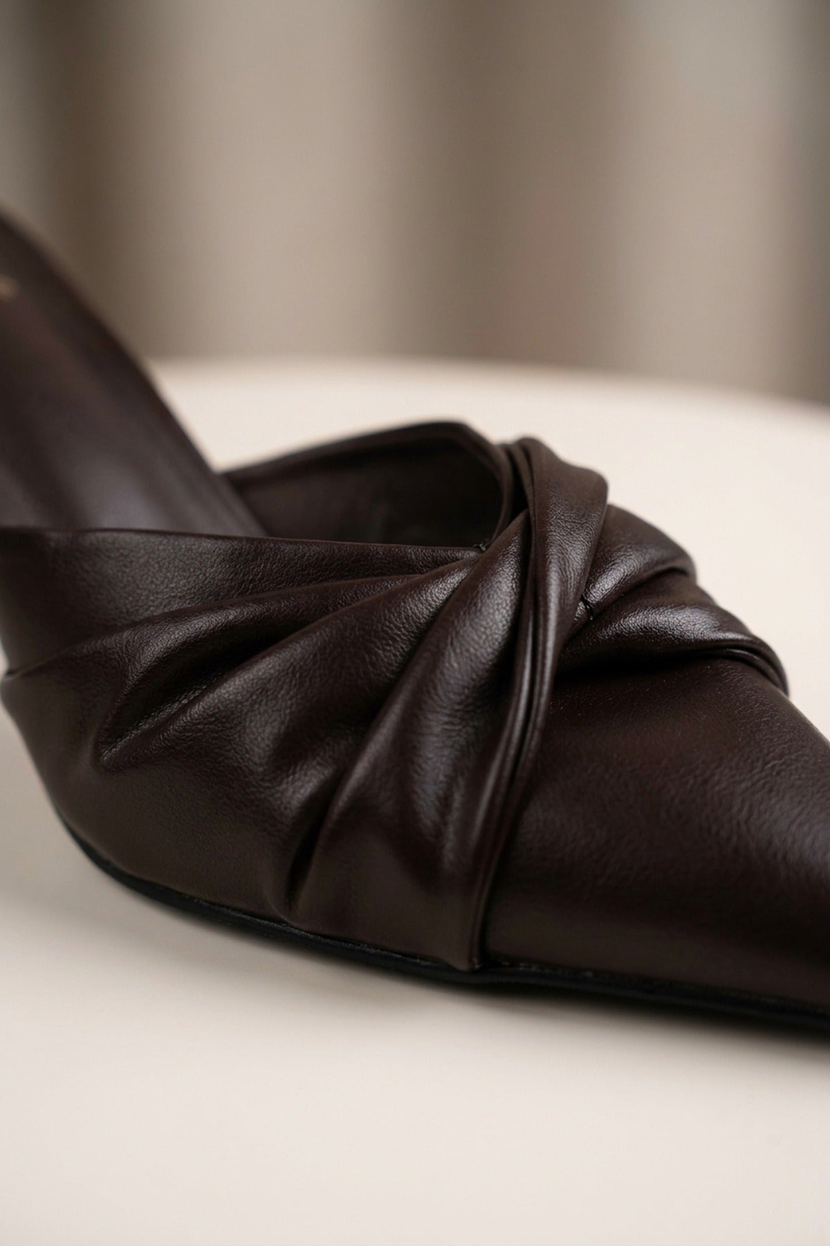 Ines Knotted Front Pointed Toe Kitten Heel Mules - Brown