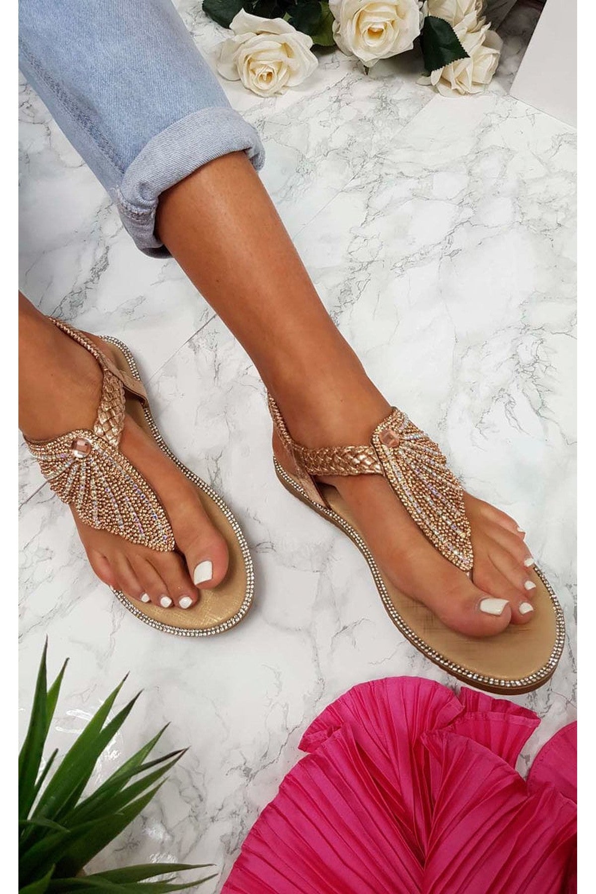 Orlagh Diamante Embellished Sandals - Champagne