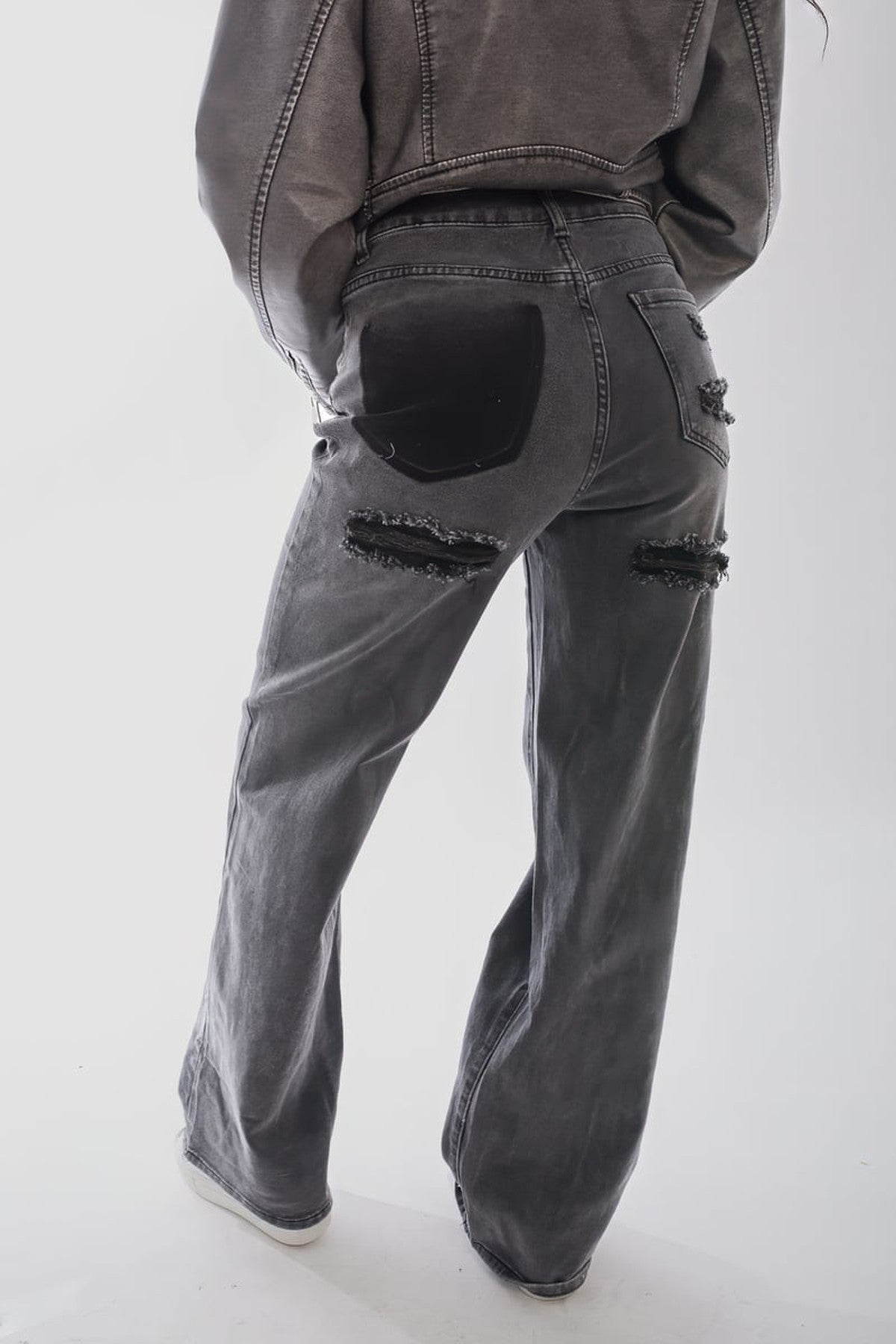 Chana Back Statement Distressed Straight Leg Jeans - Black