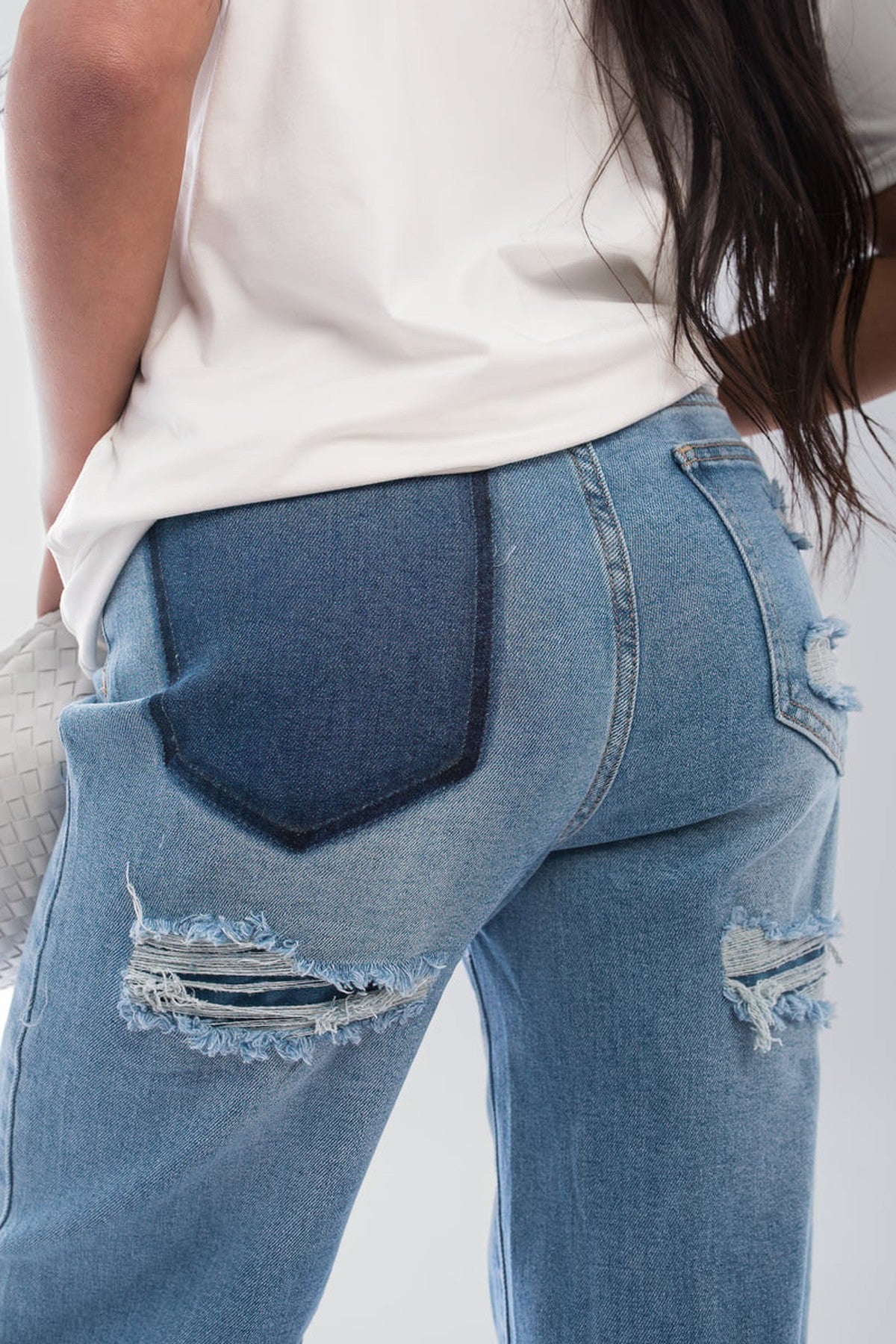 Chana Back Statement Distressed Straight Leg Jeans - Denim