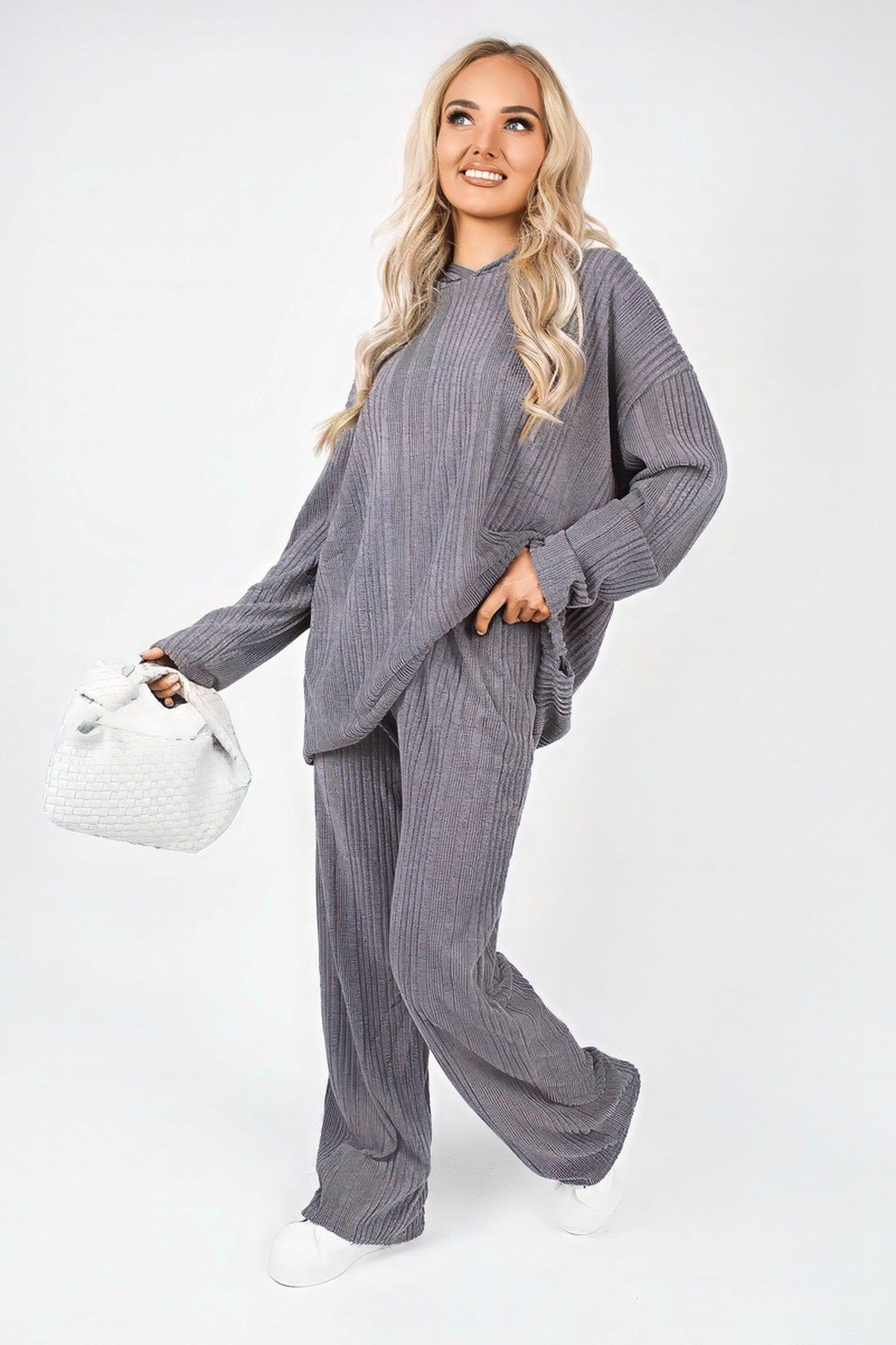 Zayana Hooded Ribbed Oversized Top And Wide Leg Lounge Co-ord Set - Charcoal