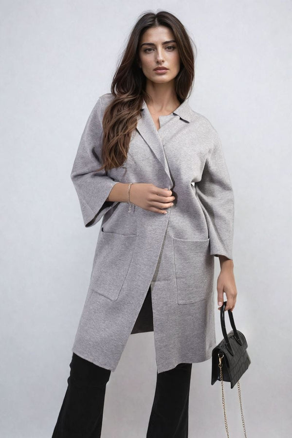 Cheryl Open Front Longline Knitted Cardigan With Front Pockets - Grey