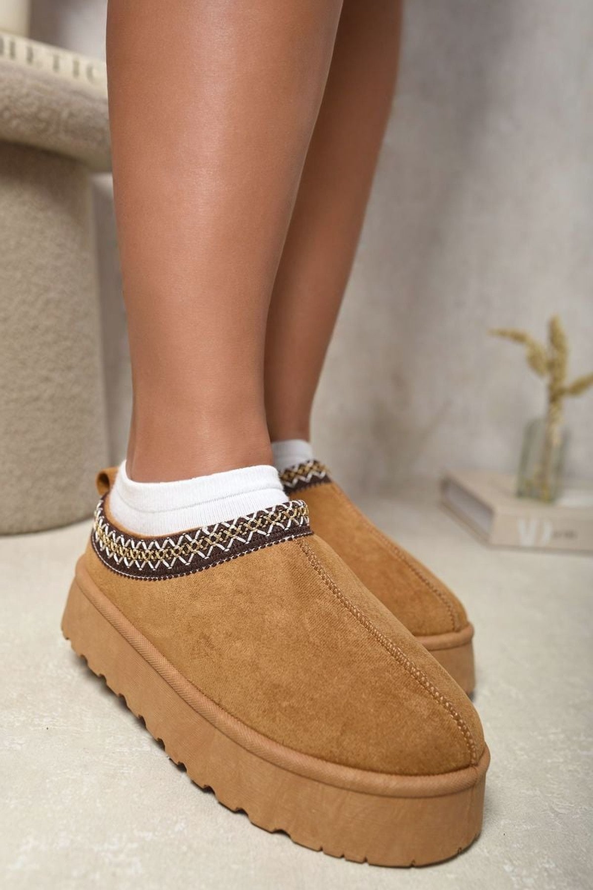 Jolene Aztec Detail Low Ankle Platform Slipper Boots - Chestnut
