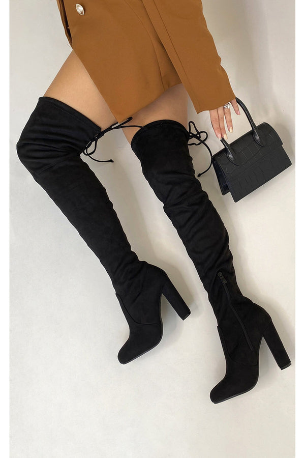 Yelena Knee Length High Heeled Boots - Black
