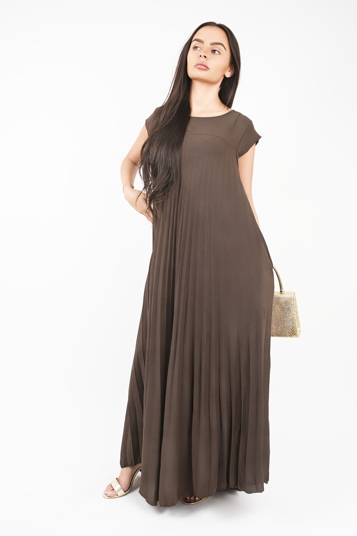 Sarina Pleated Cap Sleeve Maxi Dress - Choc Brown