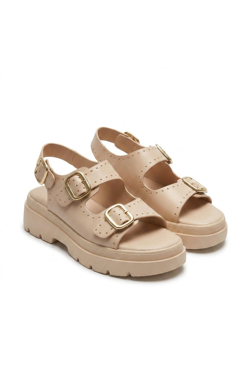 Zora Chunky Double Buckle Studded Platform Sandals - Beige