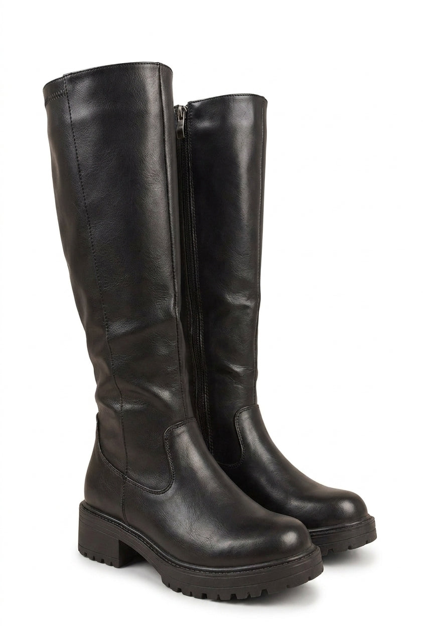 Zerina Chunky Knee High Zip-up Boots - Black