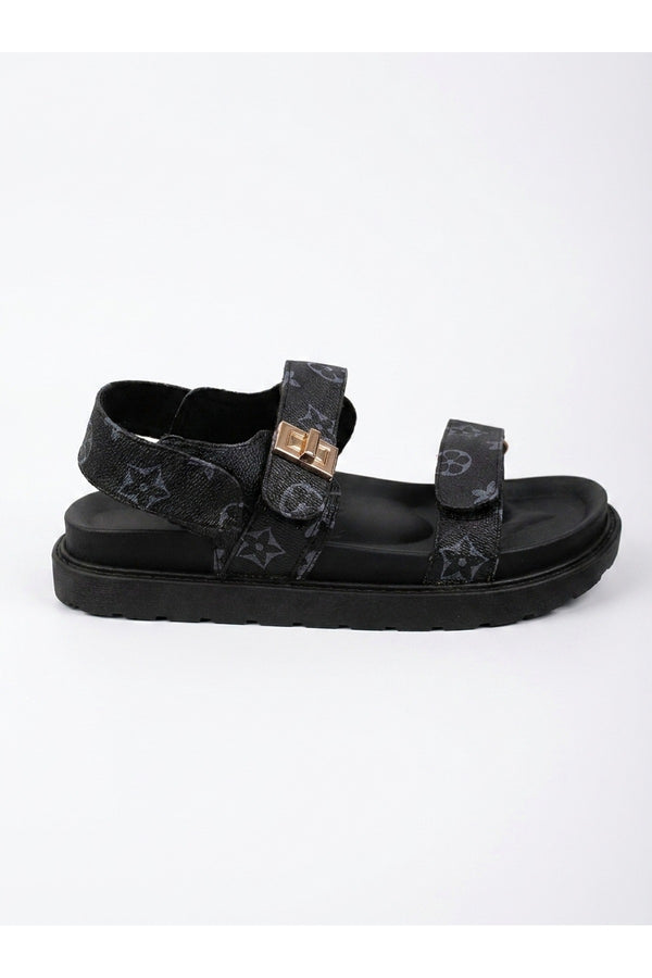 Saoirse Geometric Print Flatform Sandals - Black