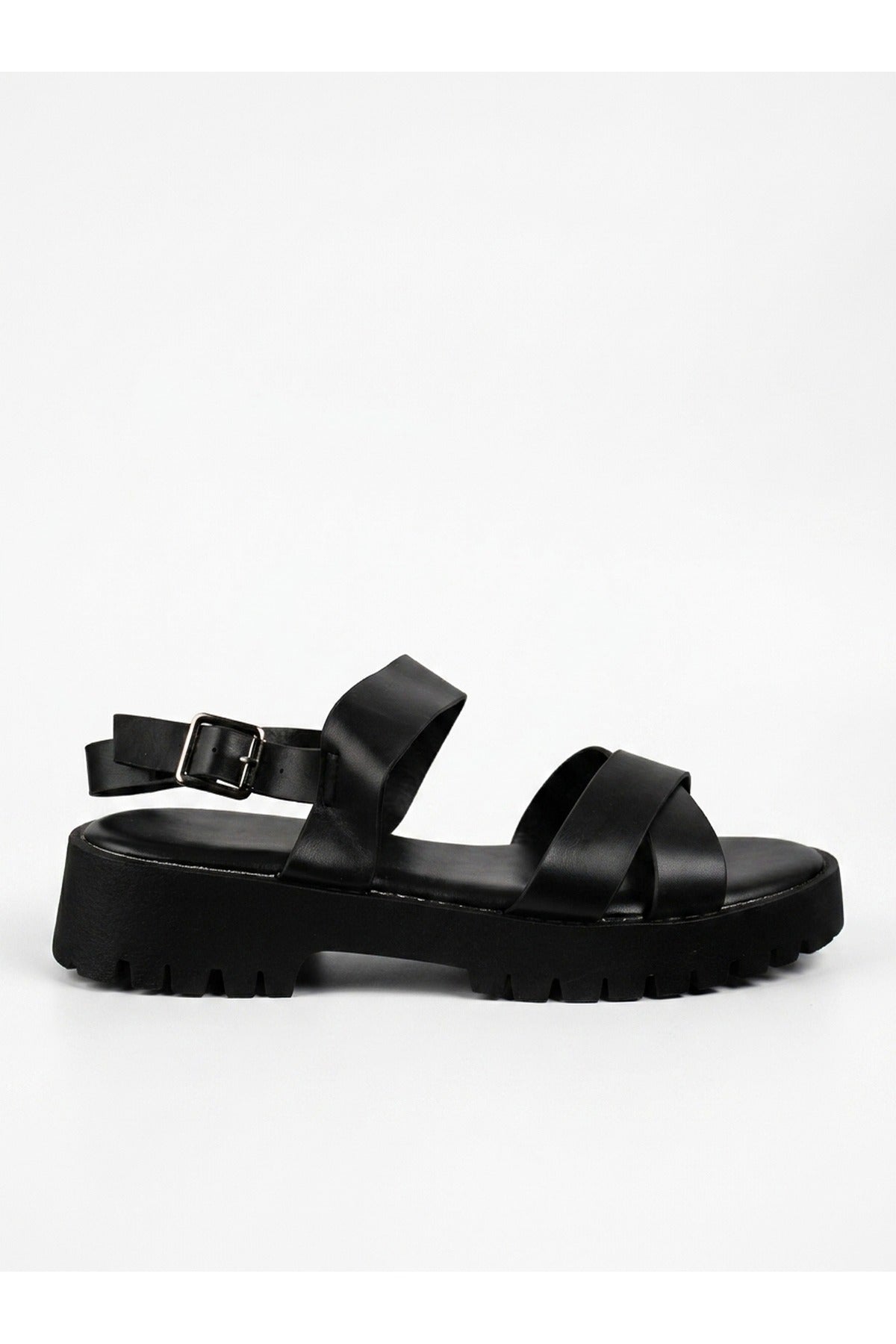 Edie Chunky Sole Crossover Strap Sandals - Black