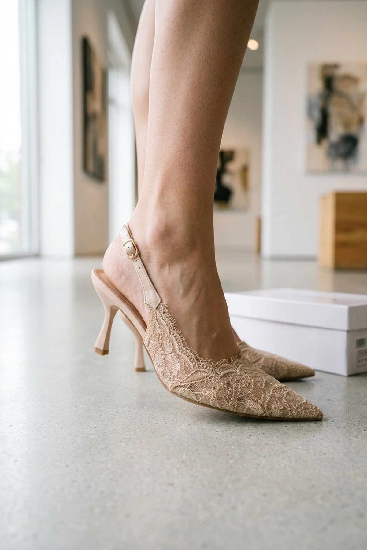 Odette Floral Lace Pointed Toe Heels - Beige