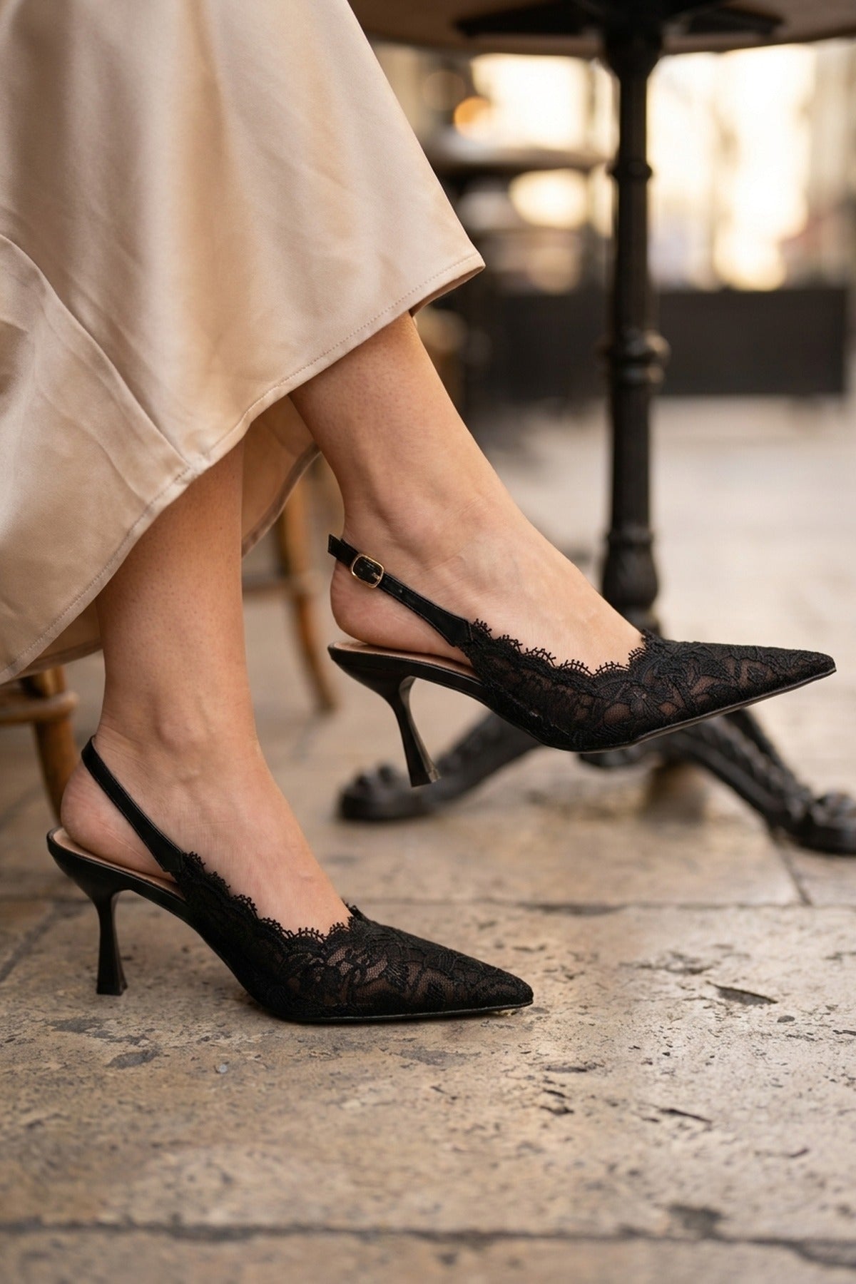 Odette Floral Lace Pointed Toe Heels - Black