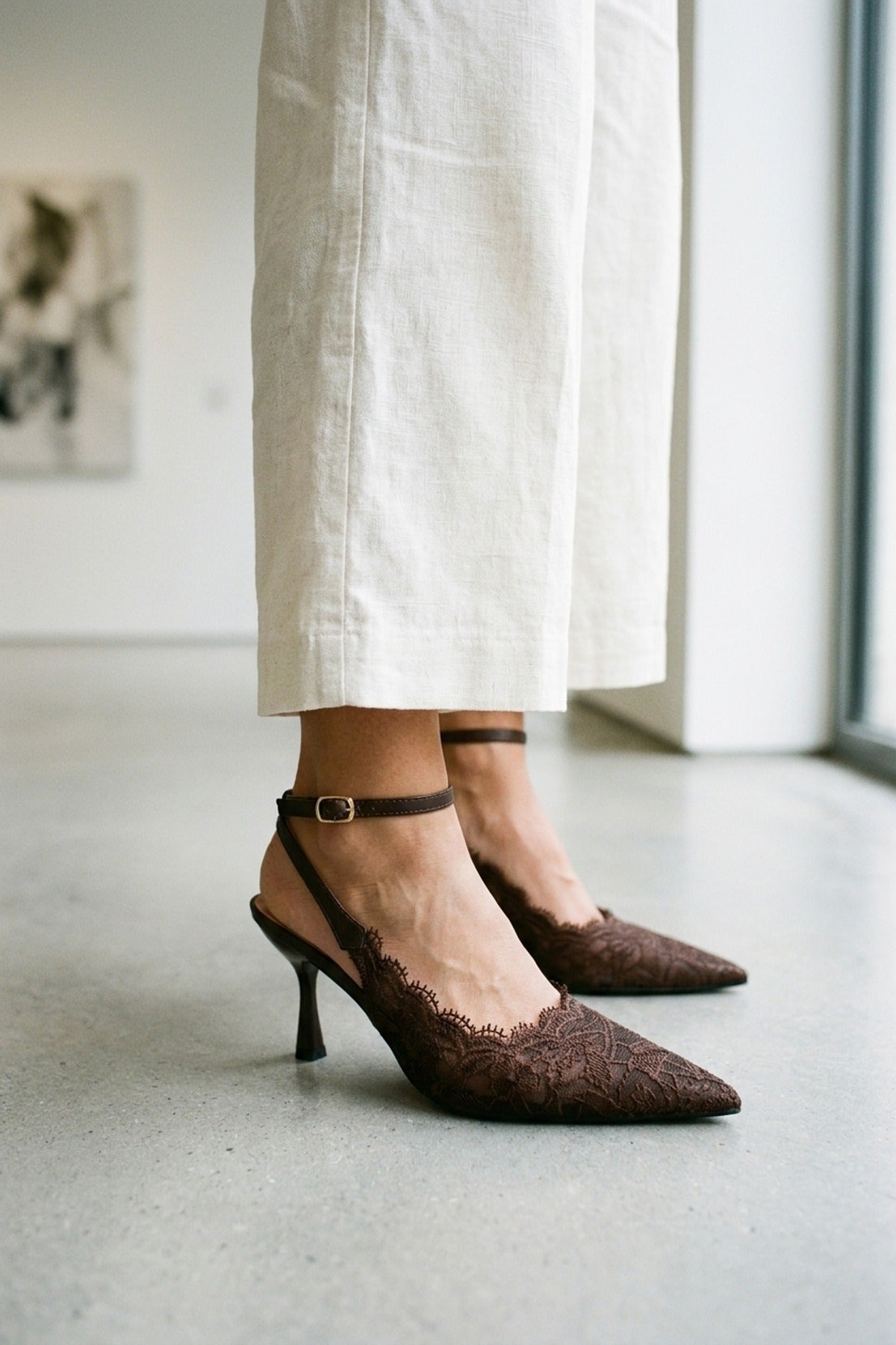 Odette Floral Lace Pointed Toe Heels - Brown