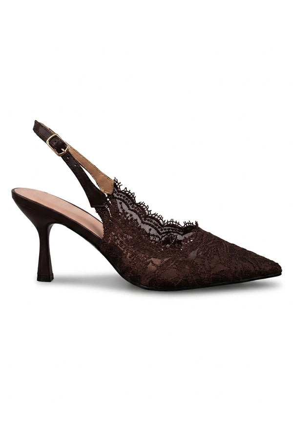 Odette Floral Lace Pointed Toe Heels - Brown