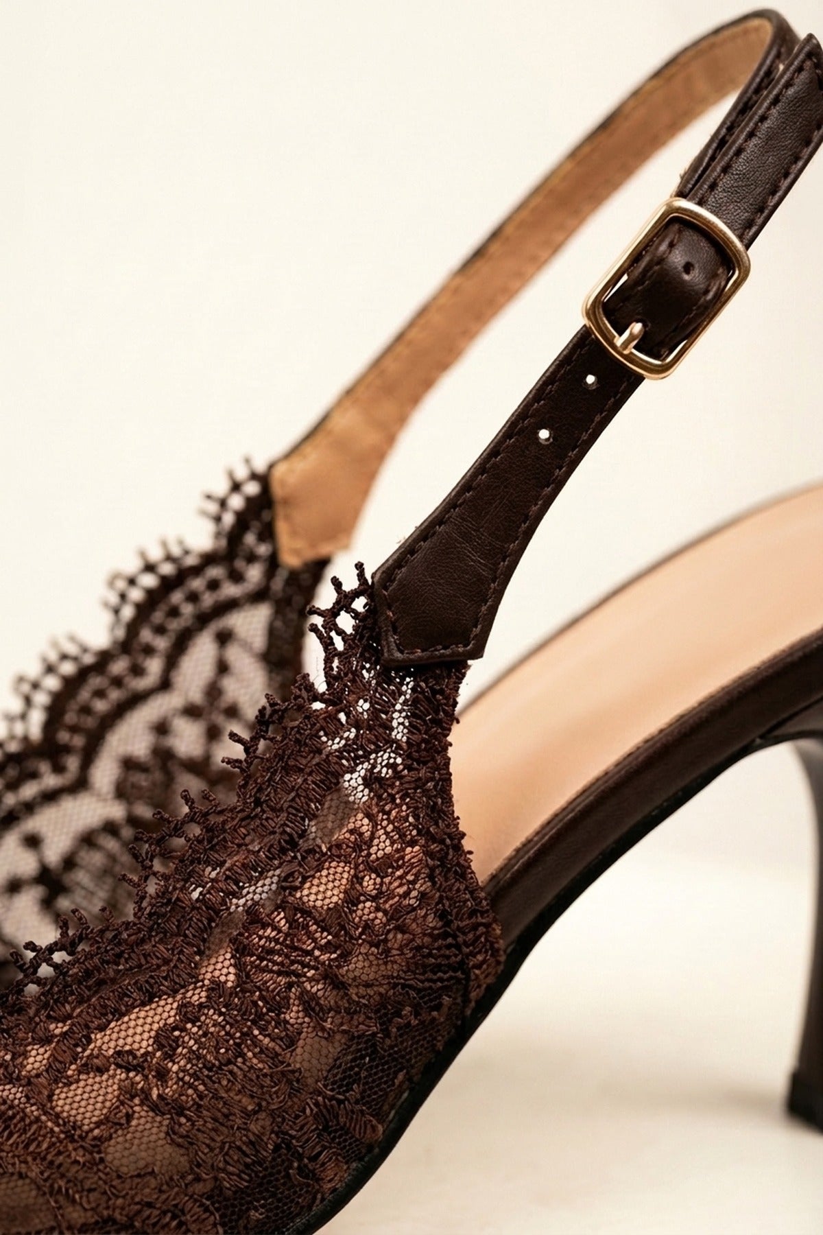 Odette Floral Lace Pointed Toe Heels - Brown