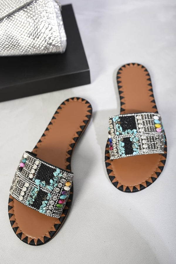 Cindy Open Toe Jewelled Flat Sandals - Black
