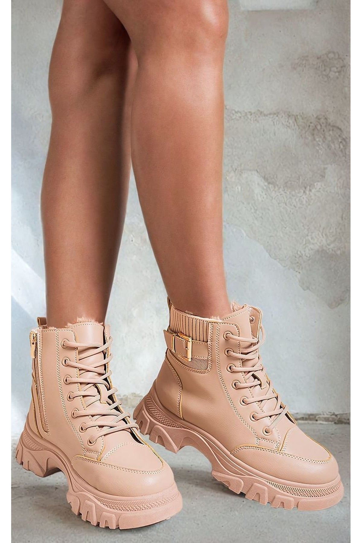 Clarissa Chunky Lace Up Platform Ankle Boots - Beige