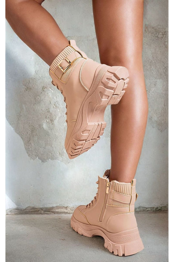 Clarissa Chunky Lace Up Platform Ankle Boots - Beige