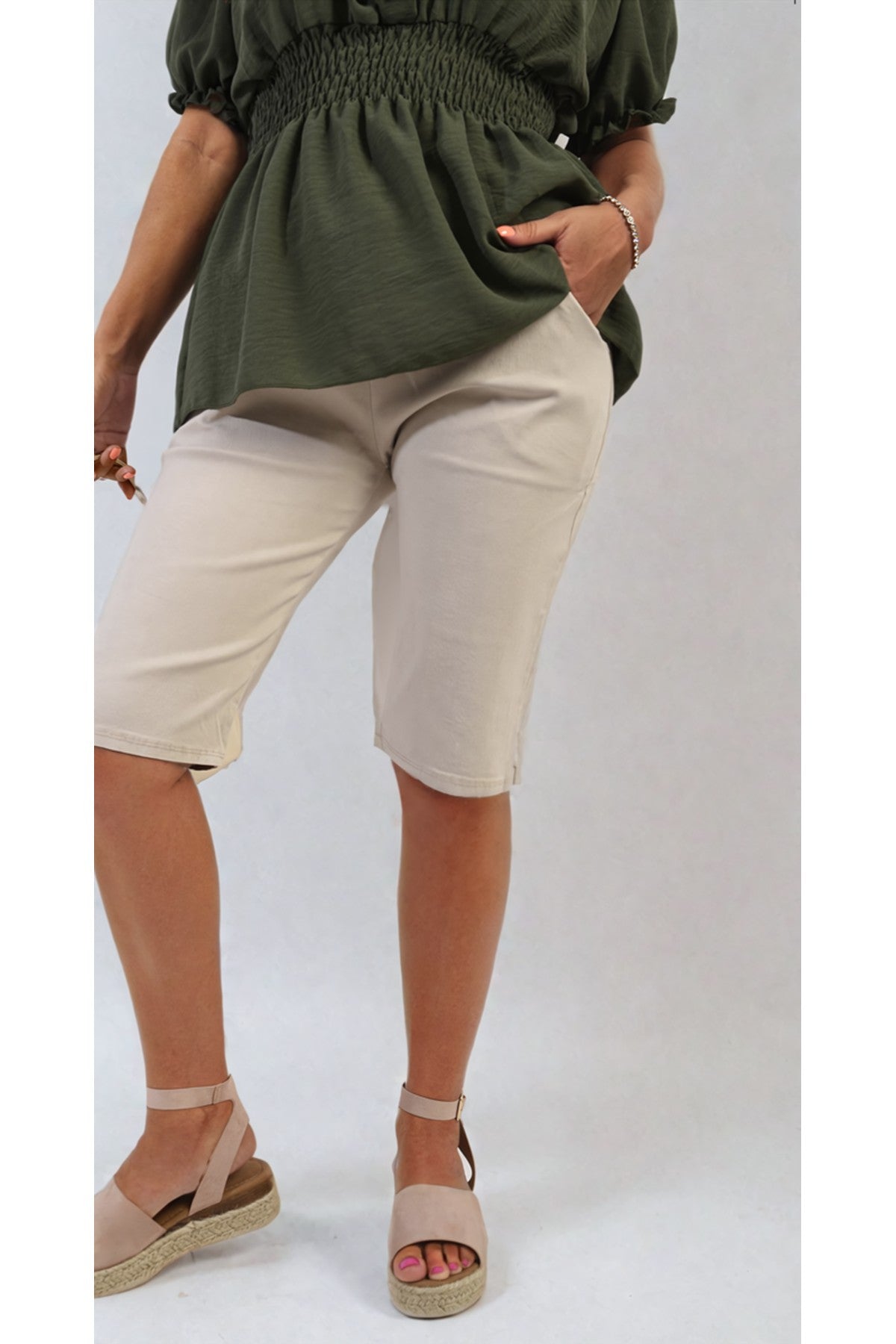 Clarissa Elasticated Waist Drawstring Shorts - Beige