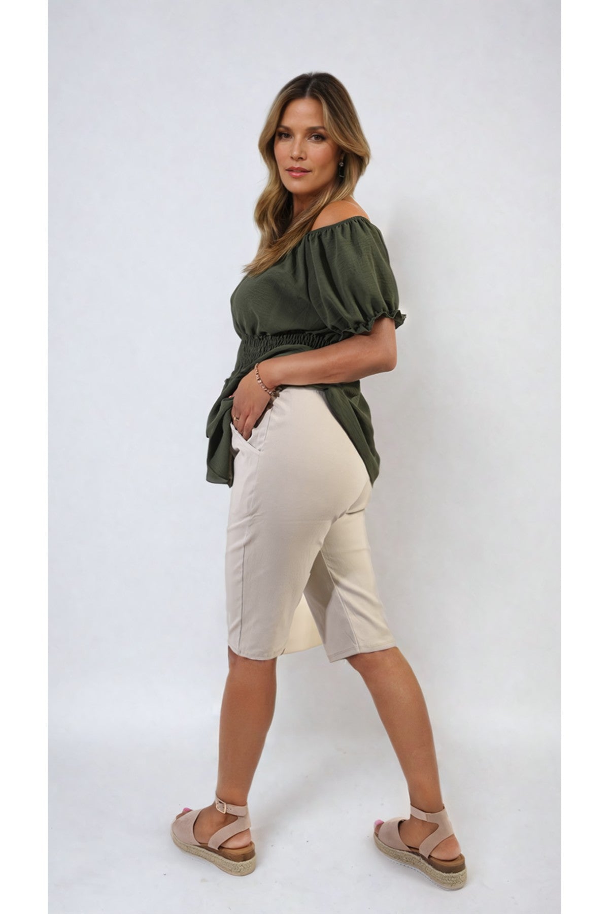 Clarissa Elasticated Waist Drawstring Shorts - Beige