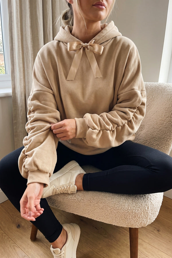 Clarissa Oversized Ruched Sleeves Knitted Hoodie With Ribbon Detail - Beige