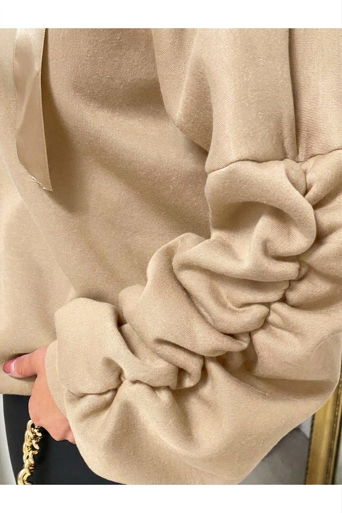 Clarissa Oversized Ruched Sleeves Knitted Hoodie With Ribbon Detail - Beige