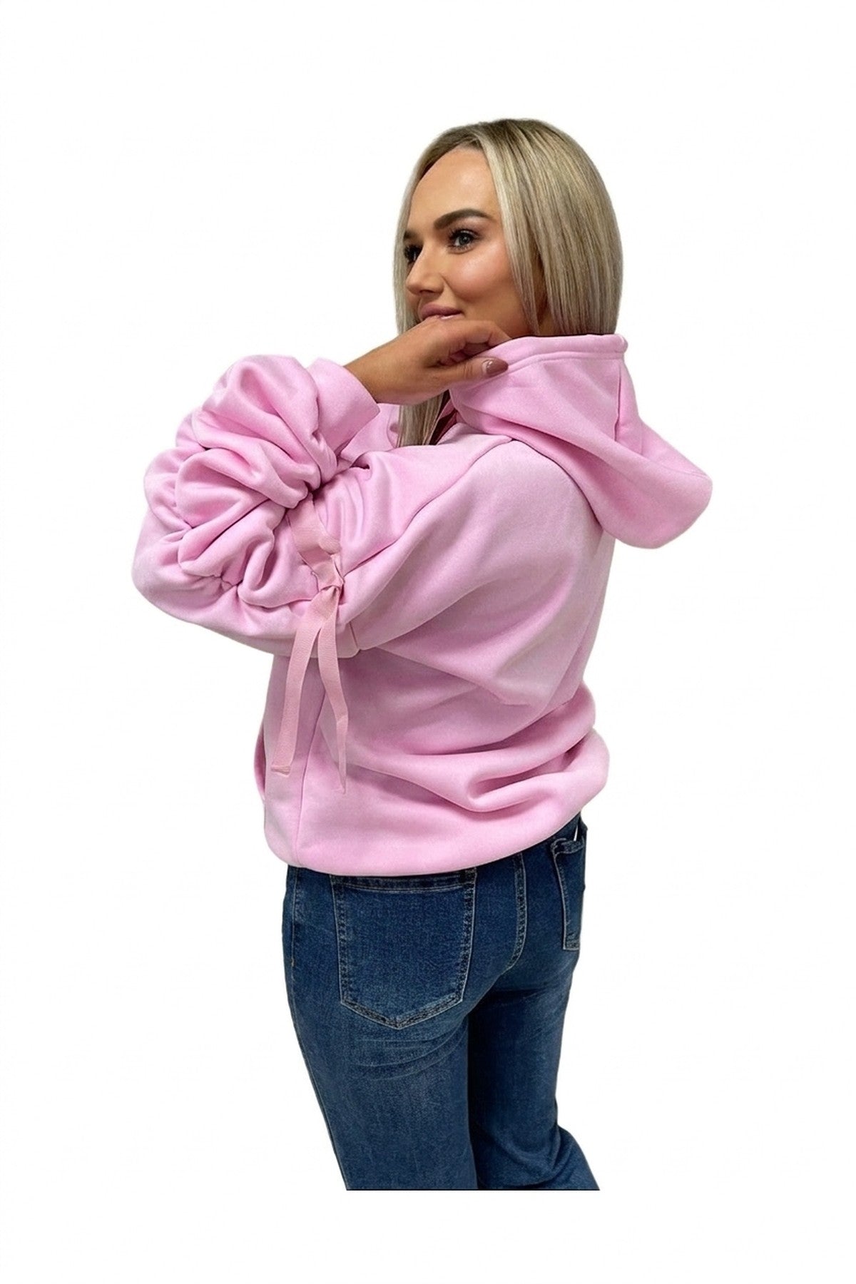 Clarissa Oversized Ruched Sleeves Knitted Hoodie With Ribbon Detail - Baby Pink_wb