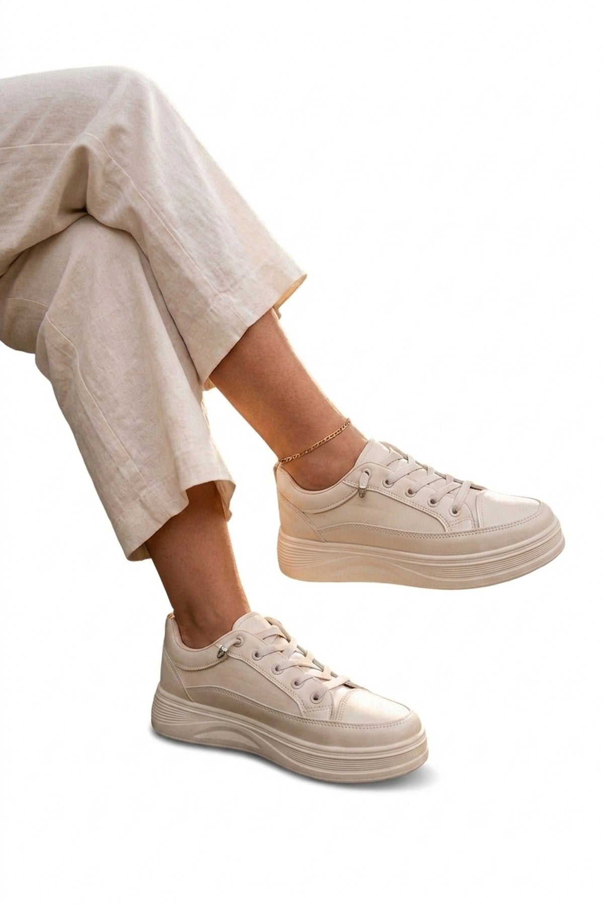 Constance Chunky Sole Lace Up Trainers - Beige