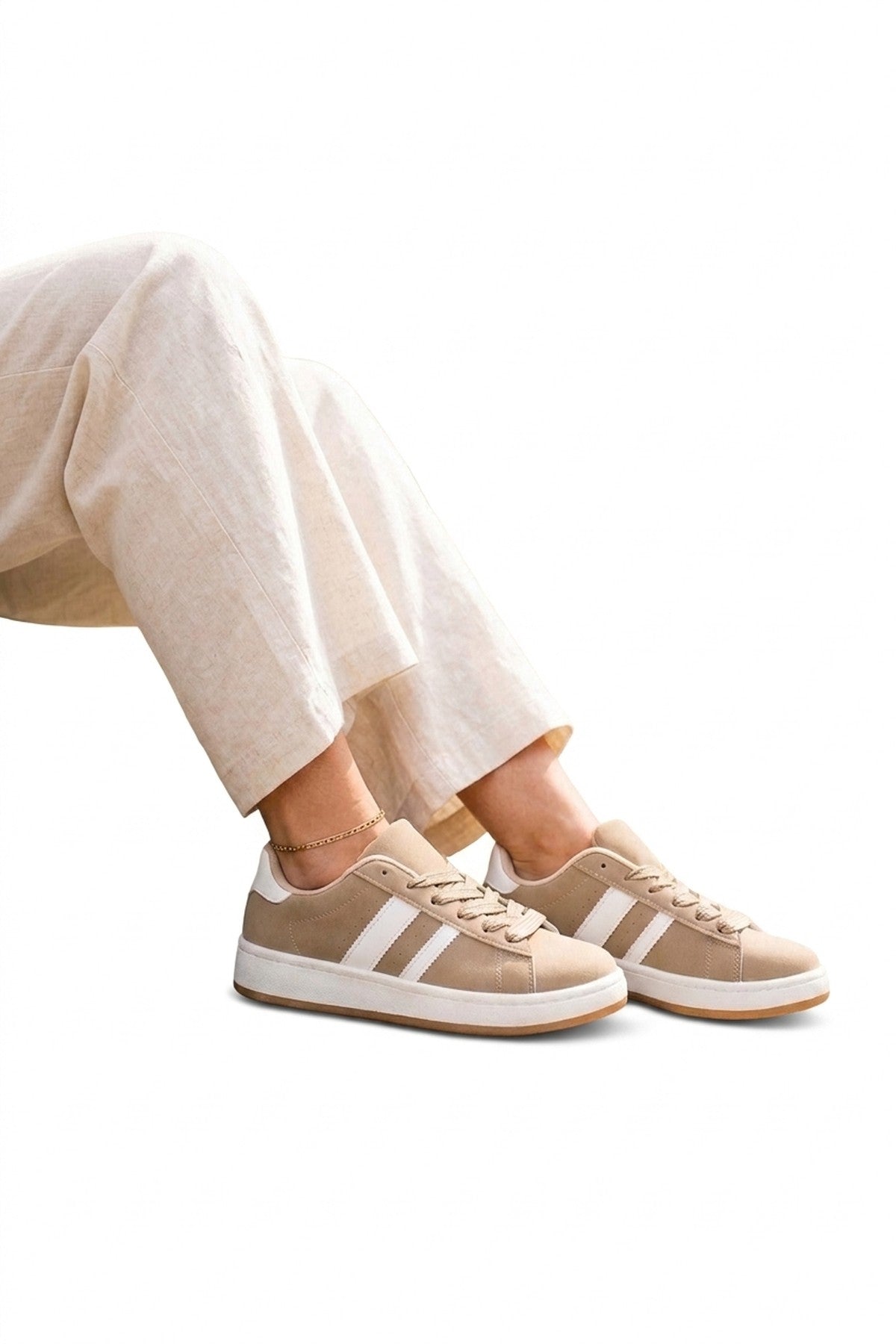 Constance Faux Suede Stripe Trainers - Khaki_wb