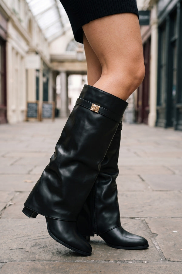 Constance Knee High Fold Over Boots - Black