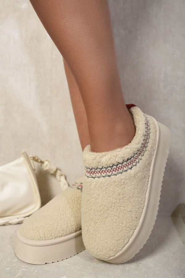 Cora Ankle Cozy Plush Lining Thick Sole Fluffy Slippers - Beige