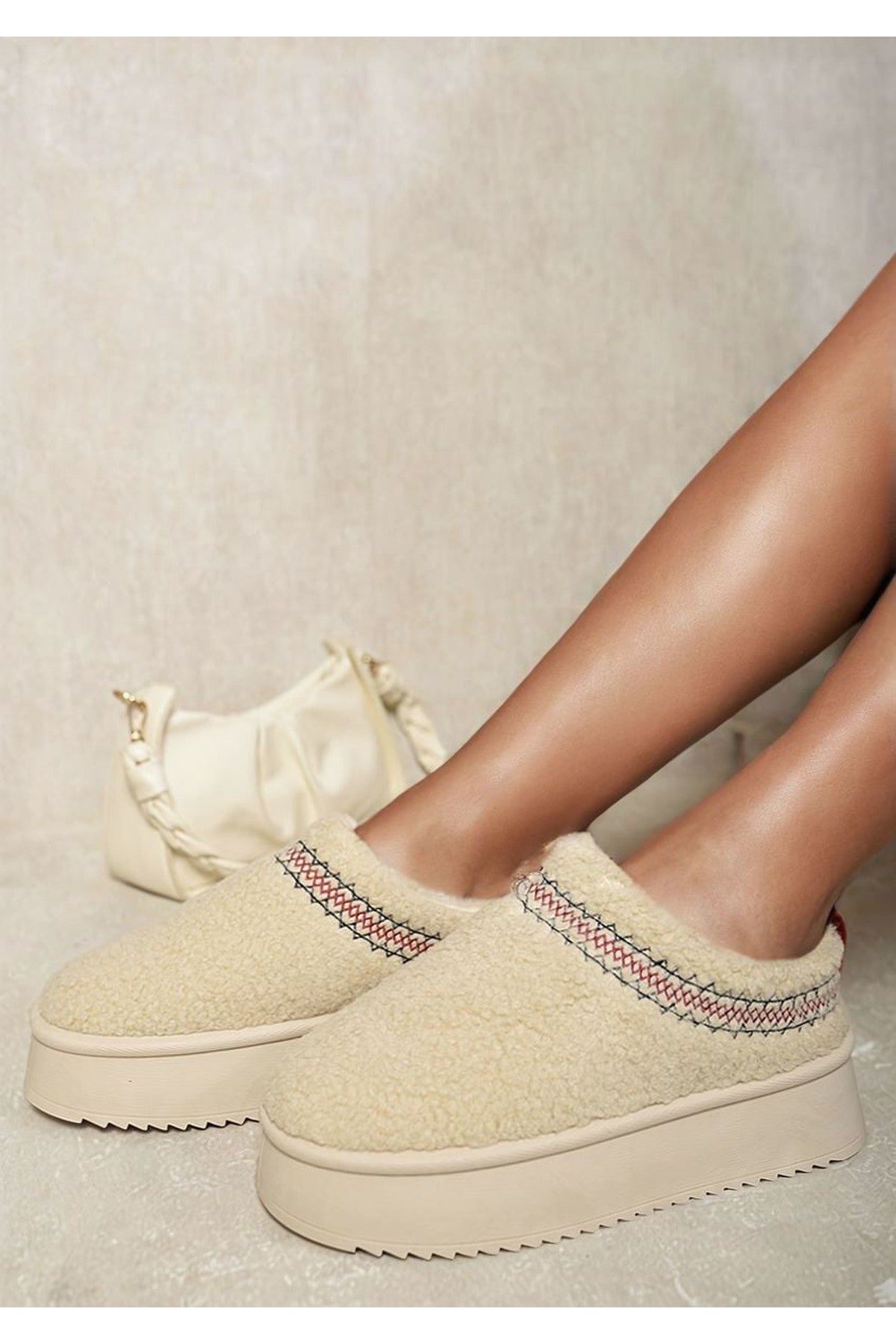 Cora Ankle Cozy Plush Lining Thick Sole Fluffy Slippers - Beige
