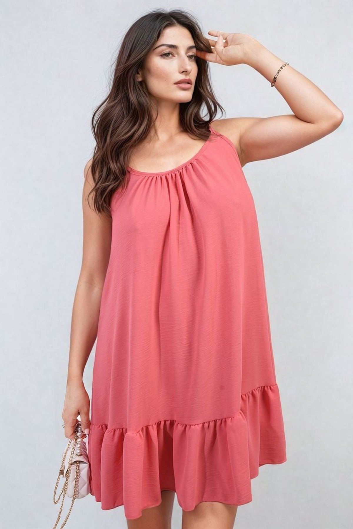 Faye Backless Tie-up Spaghetti Strap Frill Hem Mini Dress - Coral