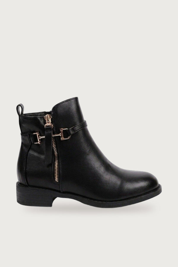 Cordelia Gold Buckle Trim Ankle Boots - Black