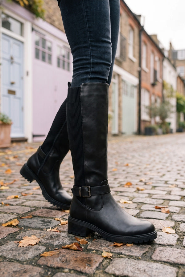 Cordelia Ribbed Panel Knee High Boots - Black