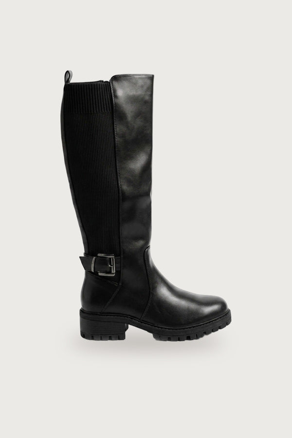 Cordelia Ribbed Panel Knee High Boots - Black