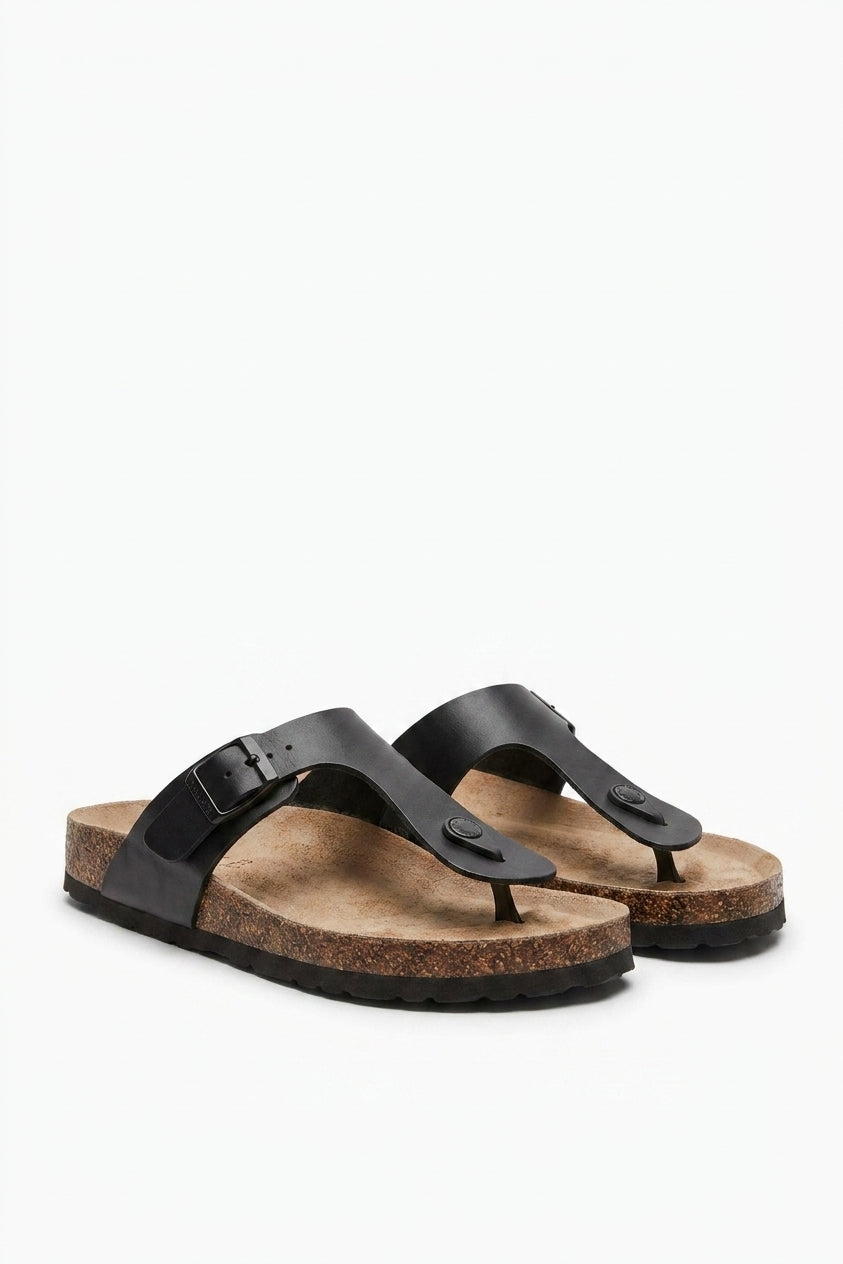 Jules Cork Base Buckle Sandal - Black