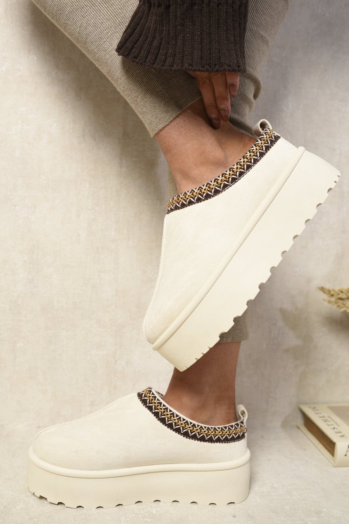Jolene Aztec Detail Low Ankle Platform Slipper Boots - Cream