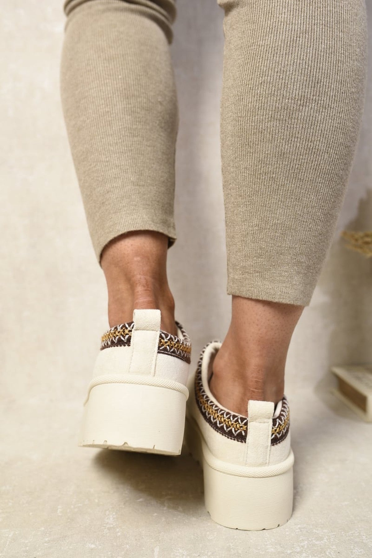 Jolene Aztec Detail Low Ankle Platform Slipper Boots - Cream
