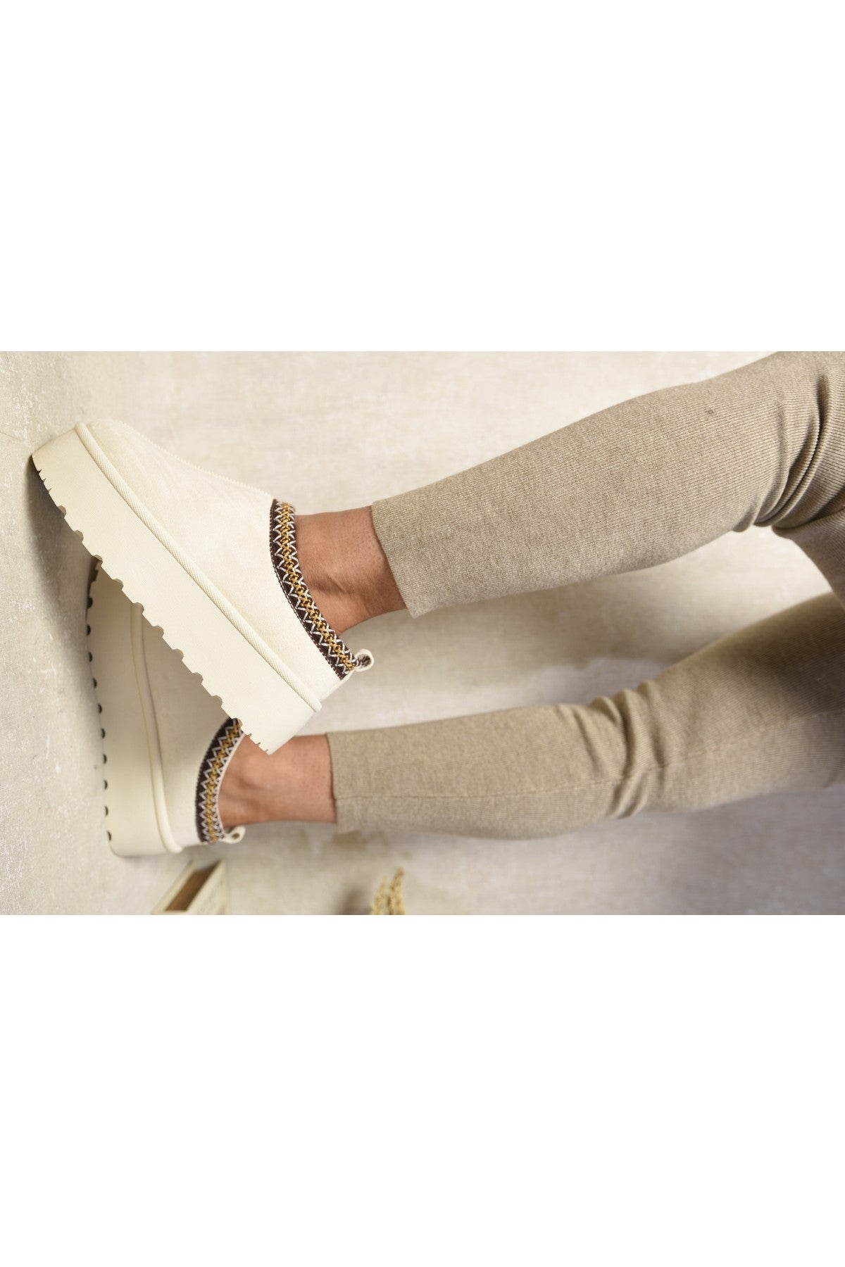 Jolene Aztec Detail Low Ankle Platform Slipper Boots - Cream