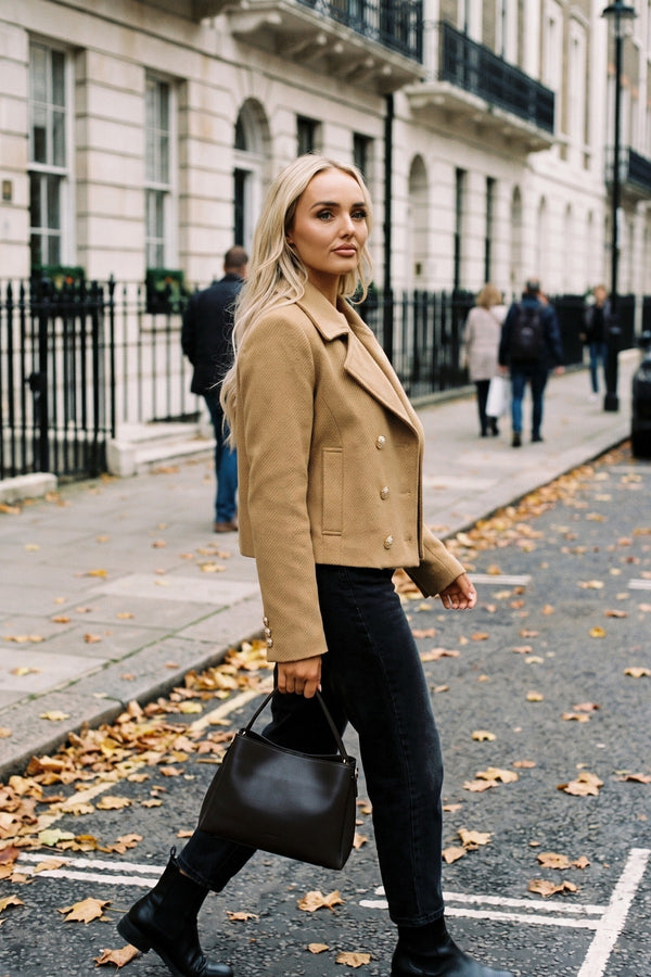 Leona Cropped Double Breasted Jacket With Luxe Button Detail - Camel