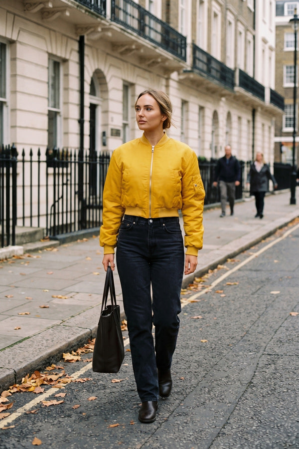Melina Cropped Long Sleeve Zip Up Puffer Jacket - Mustard