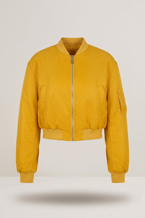Melina Cropped Long Sleeve Zip Up Puffer Jacket - Mustard
