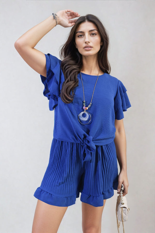 Cynthia Layered Ruffle Short Sleeve Tie Front Top - Royal Blue