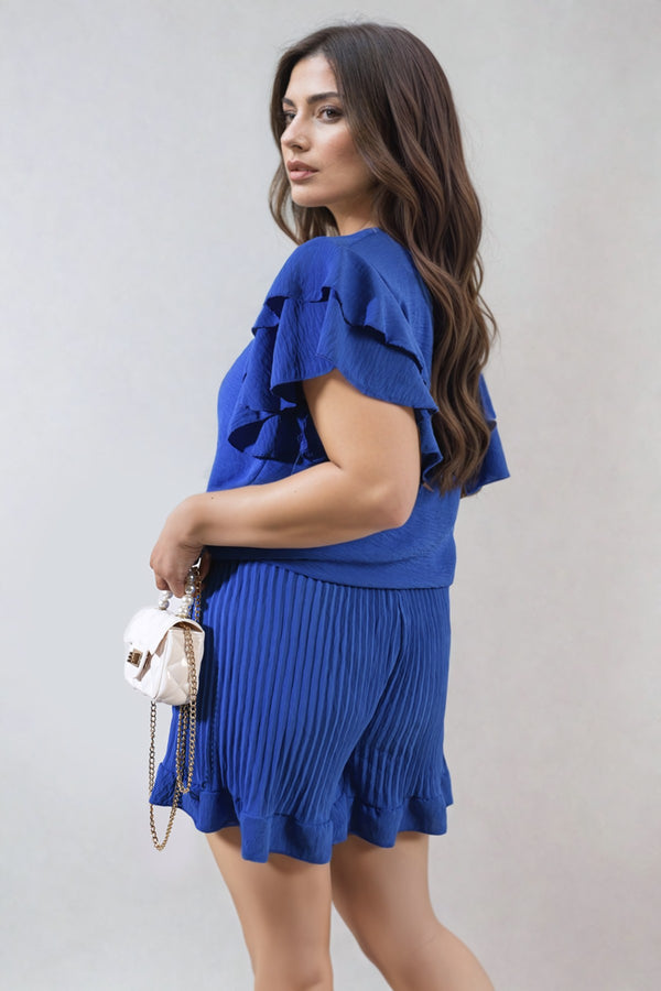 Cynthia Layered Ruffle Short Sleeve Tie Front Top - Royal Blue