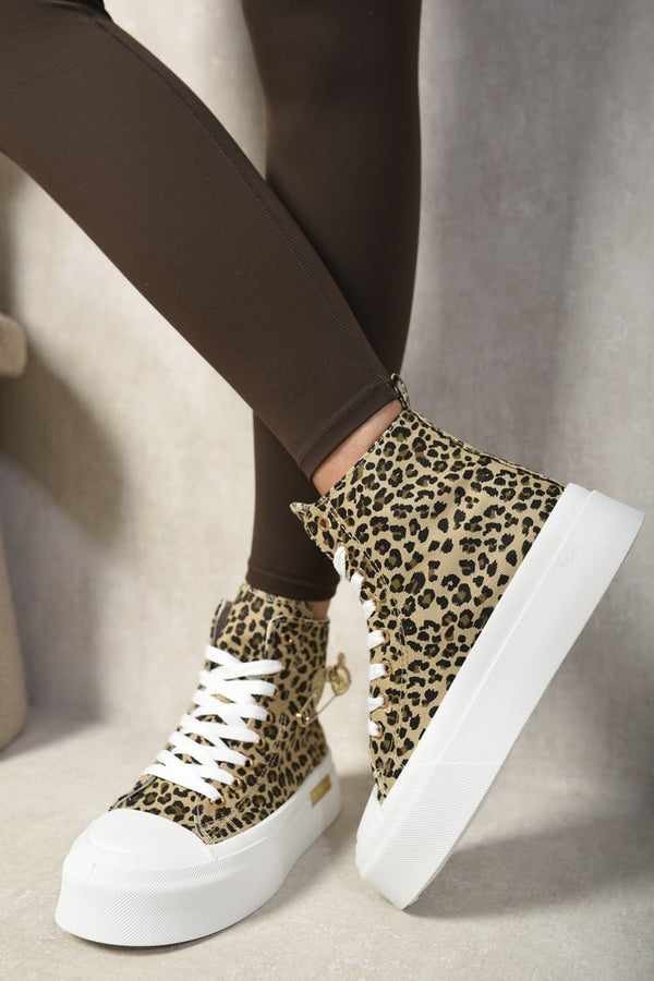 Dana High Top Lace Up Platform Ankle Trainers With Decorative Detail - Leopard
